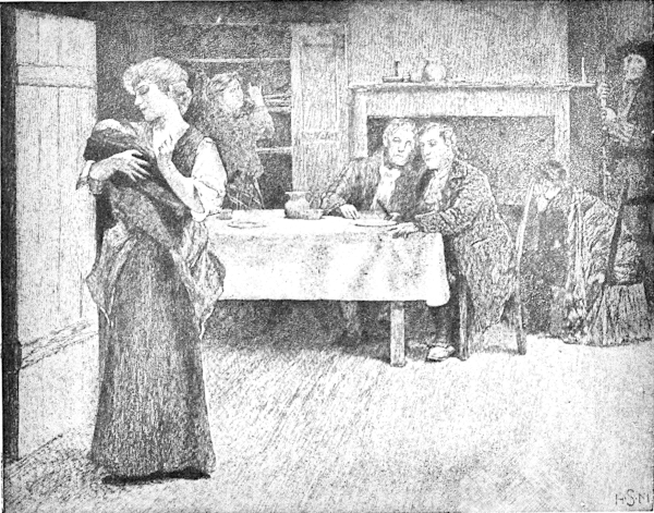 A woman bearing a baby, maybe even feeding it. In the background a few men are seated at the table and standing by the fireplace