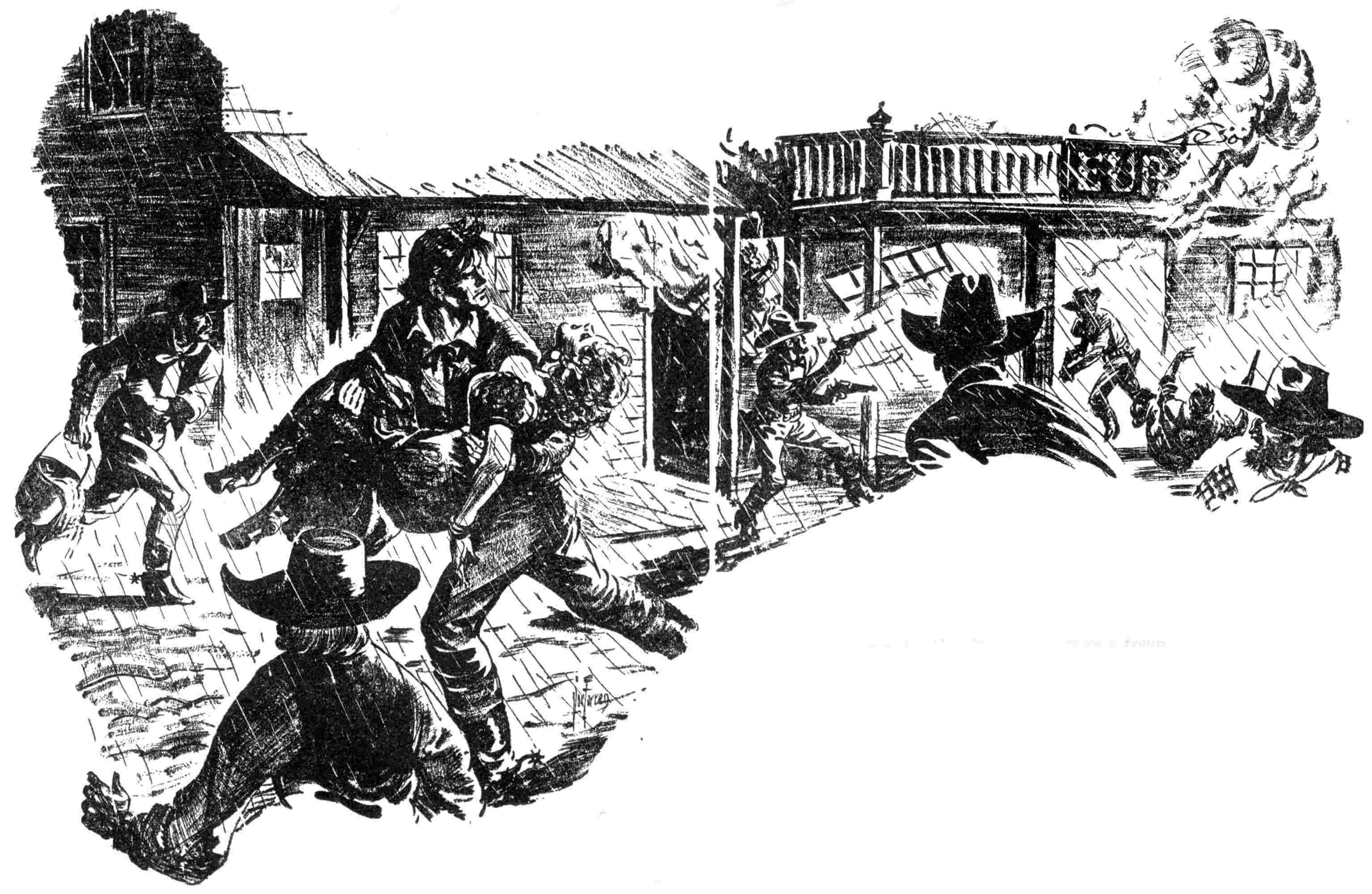 man carrying a woman away from a saloon fire