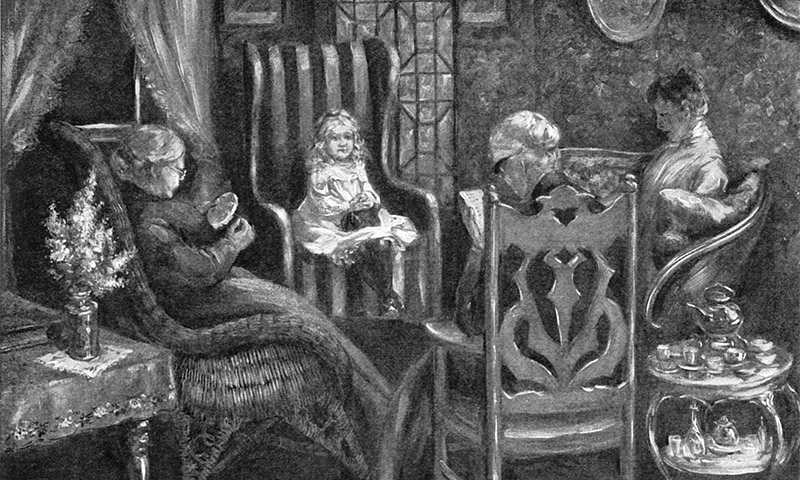 Frontispiece: A scene from the beginning of the story. A small girl wearing a white dress sitting in a large chair with 3 women seated around her.