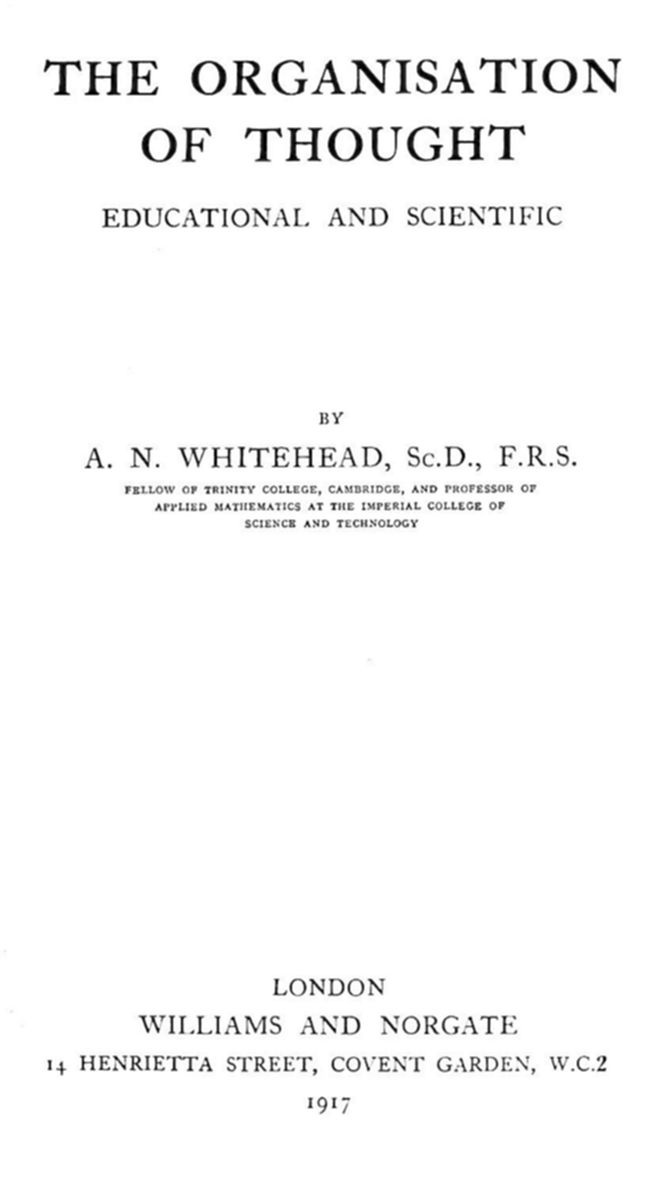 Title page of the book The Organisation Of Thought by Alfred North Whitehead.