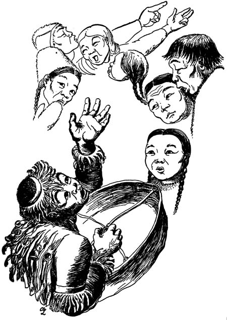 The shamanist rose, seized his tambourine and struck it several times
