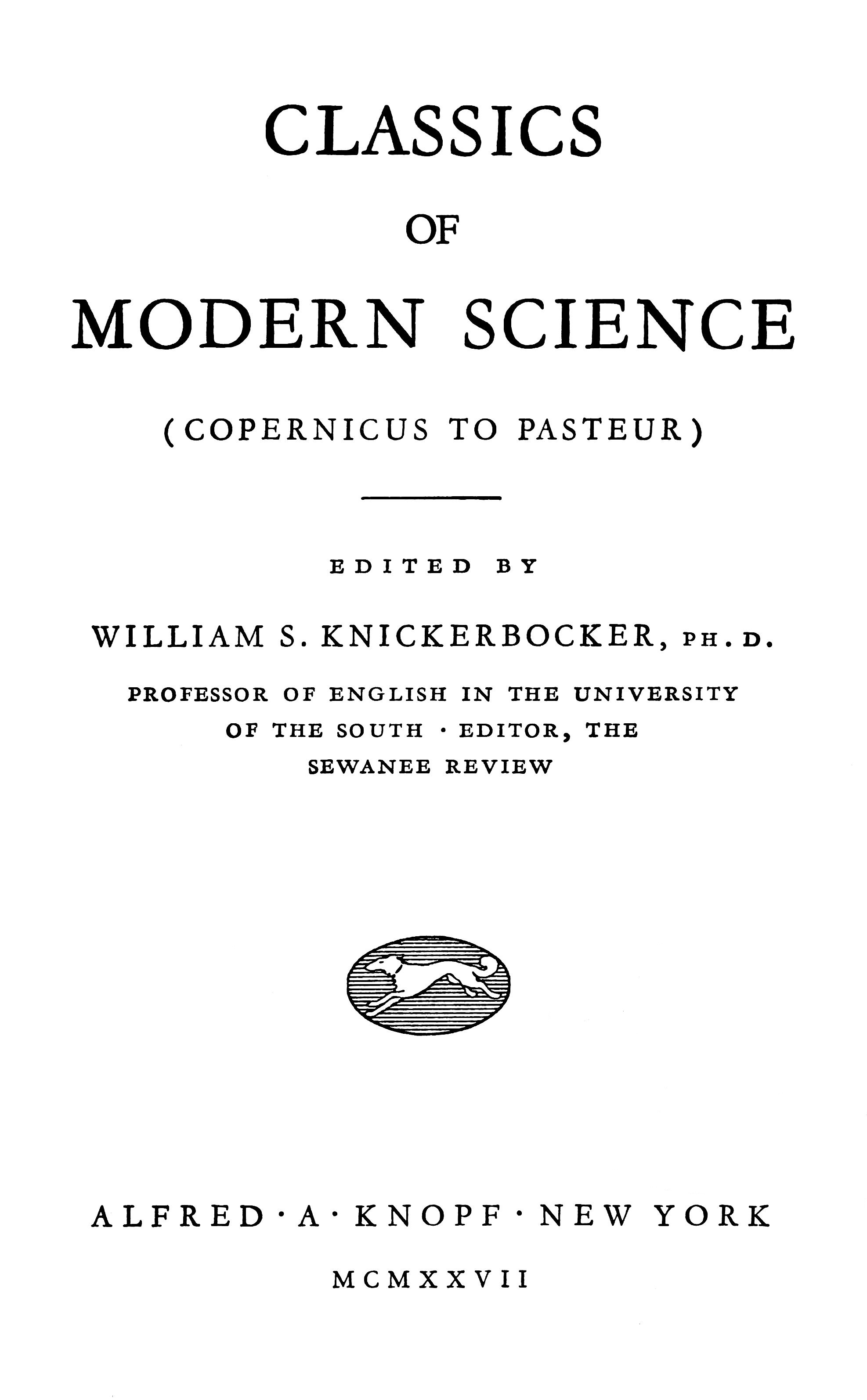 Title page of the book Classics of Modern Science.