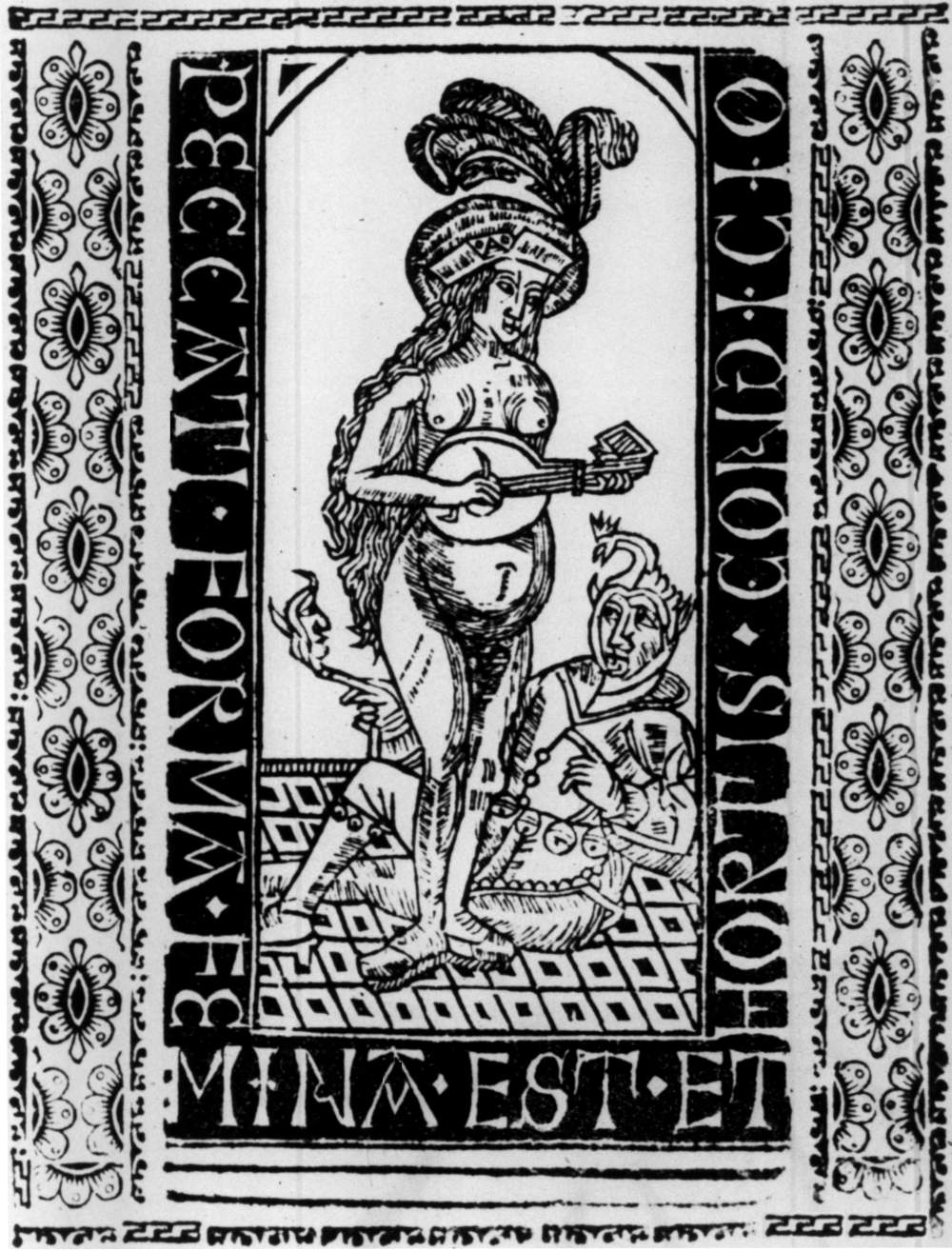 A woman playing a stringed instrument. The border of the illustration contains the Latin motto: PECCATI FORMA FEMINA EST ET HORTIS CONGICIO