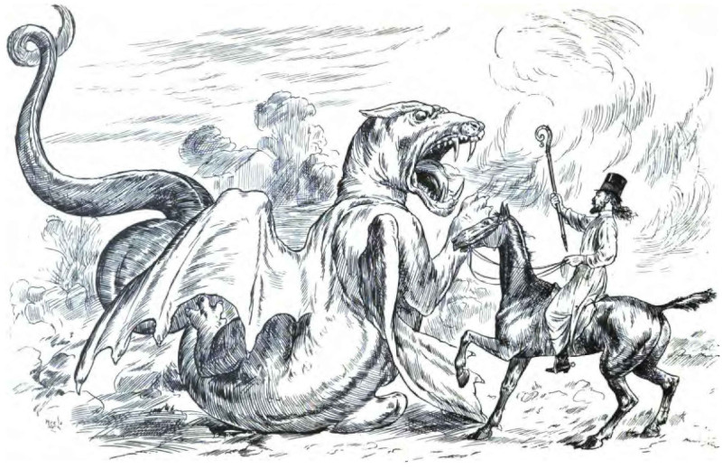 A man on horseback with a crook confronting a fire-breathing dragon