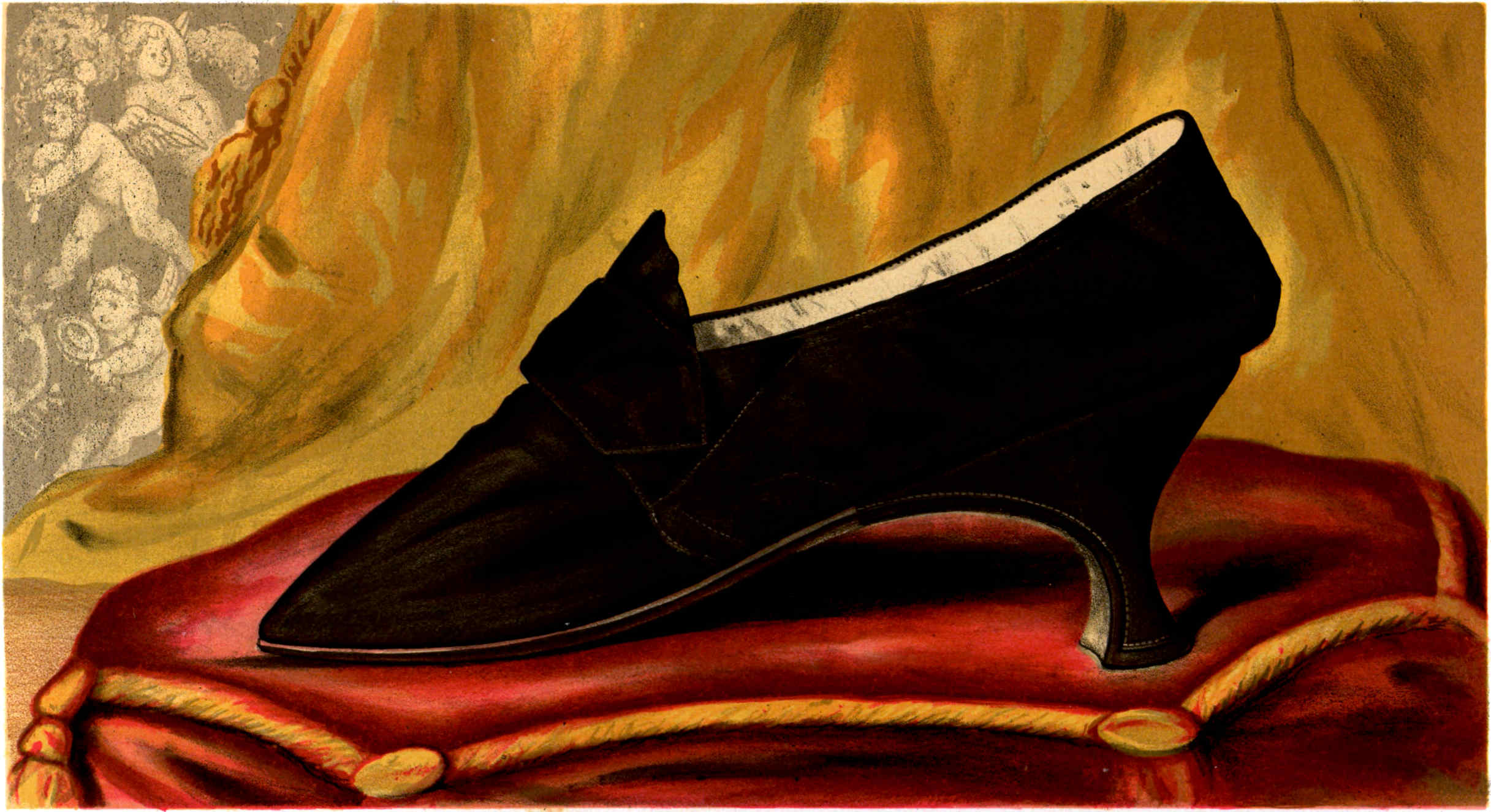 A black high-heeled shoe with a pointed toe and a shaped decorative flap on the front, shown on a red cushion.
