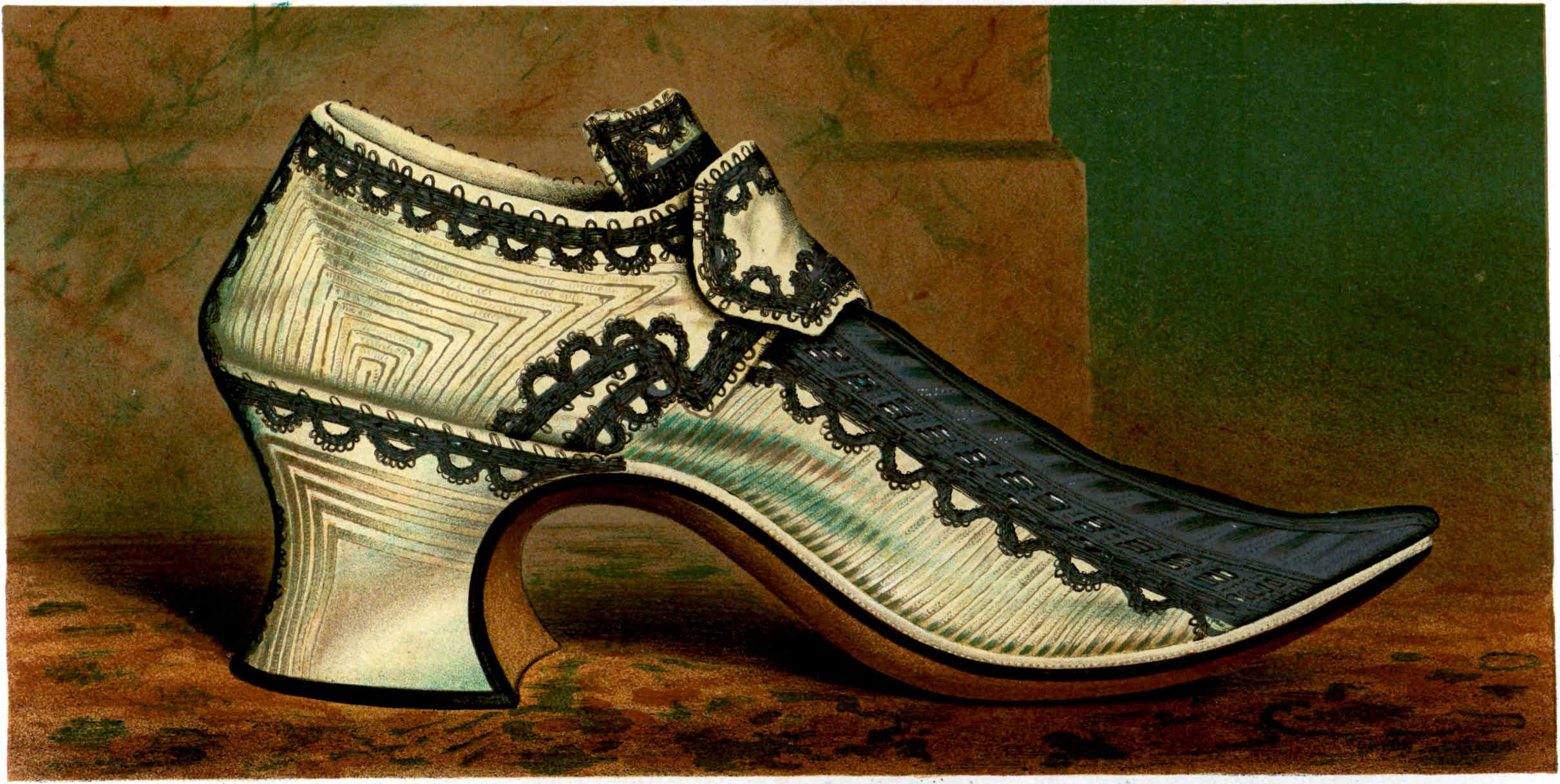 A cream-colored high-heeled shoe with black lace-like trim and patterns, and a black section covering the top of the pointed toe.