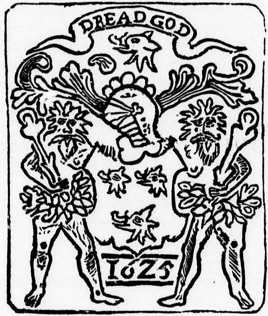 A family crest with two figures around a knight’s head, with the motto Dread God and the date 1625.