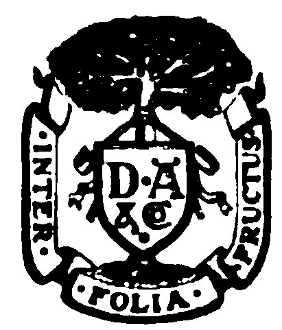 Black-and-white publisher’s emblem with a tree above a shield featuring stylized letters, flanked by scrolls reading ‘Inter Folia Fructus.’