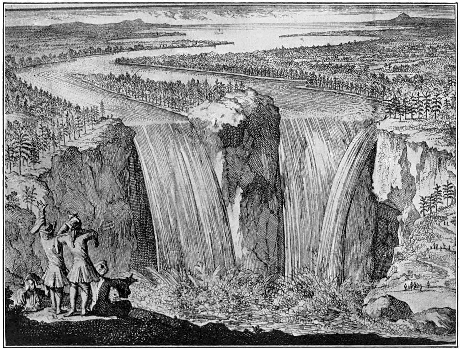 The Falls are seen from the Canadian side of the river, the viewer facing roughly southeast. The American Falls are to the left, the Canadian Falls to the right.