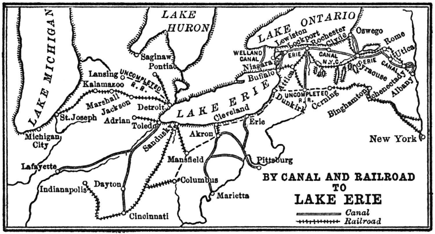 Map: “By Canal and Railroad to Lake Erie” showing connecting canal and railroad paths from Lake Michigan in the west to Lake Ontario and New York in the east