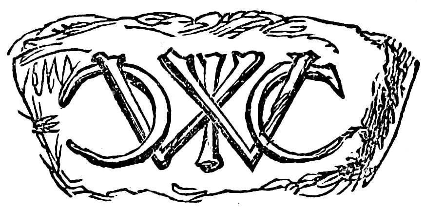 “Black-and-white woodcut of a carved stone fragment bearing the intertwined letters IW and CC.