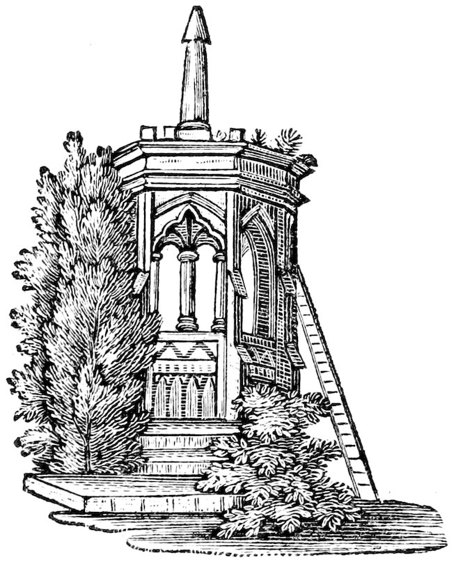Black-and-white engraving of a small Gothic-style tower with narrow arched openings and a pointed finial on top. A ladder leans against the right side. Dense shrubs and a tall tree surround the base.