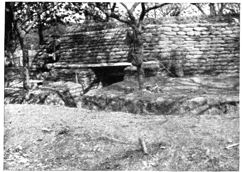 A struct made of sand bags or similar connected to trenches.