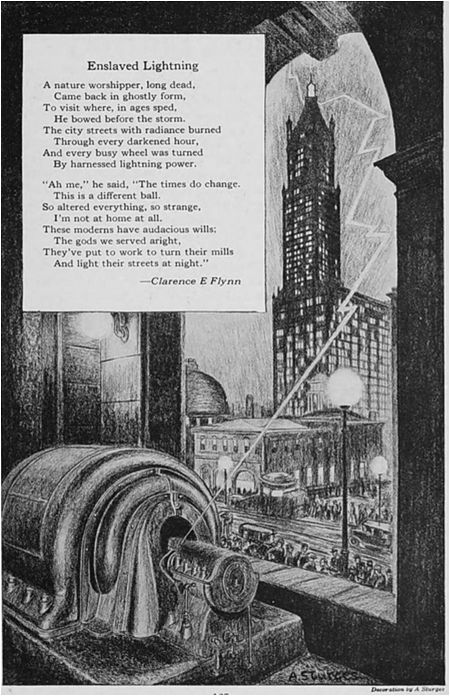 [Illustration of a window view of a city’s downtown on a stormy night. A generator is in the foreground next to the window. The window frames a skyscraper, other buildings, and street lights; they are all filled with light. A bolt of lightning extends from the sky to the generator. The art piece is signed “A Sturges” and below it the caption reads, “Decoration by A Sturges.”]