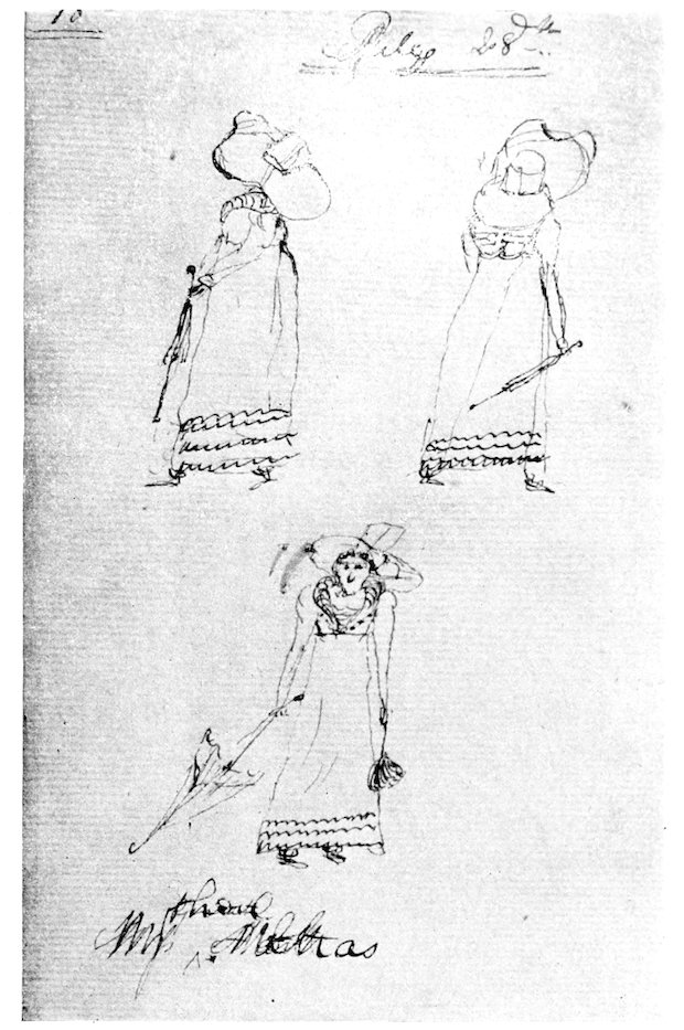 Page of three pencil sketches showing a woman in a long dress and bonnet, holding an umbrella and a small bag, drawn in different poses and angles; the sketches appear loosely rendered on a blank background with faint handwritten notes.