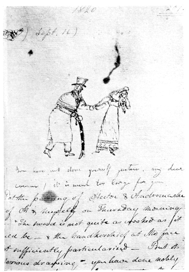 Manuscript page dated 1820 with handwritten text and a small ink sketch showing a man in a coat and hat holding the hand of a woman in a long dress, as if guiding or pulling her forward.
