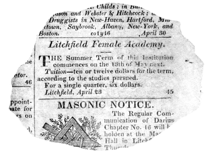Irregularly cut newspaper clipping advertising the Litchfield Female Academy, announcing the summer term beginning May 13, with tuition rates listed, followed by the start of a separate item titled 'Masonic Notice.'