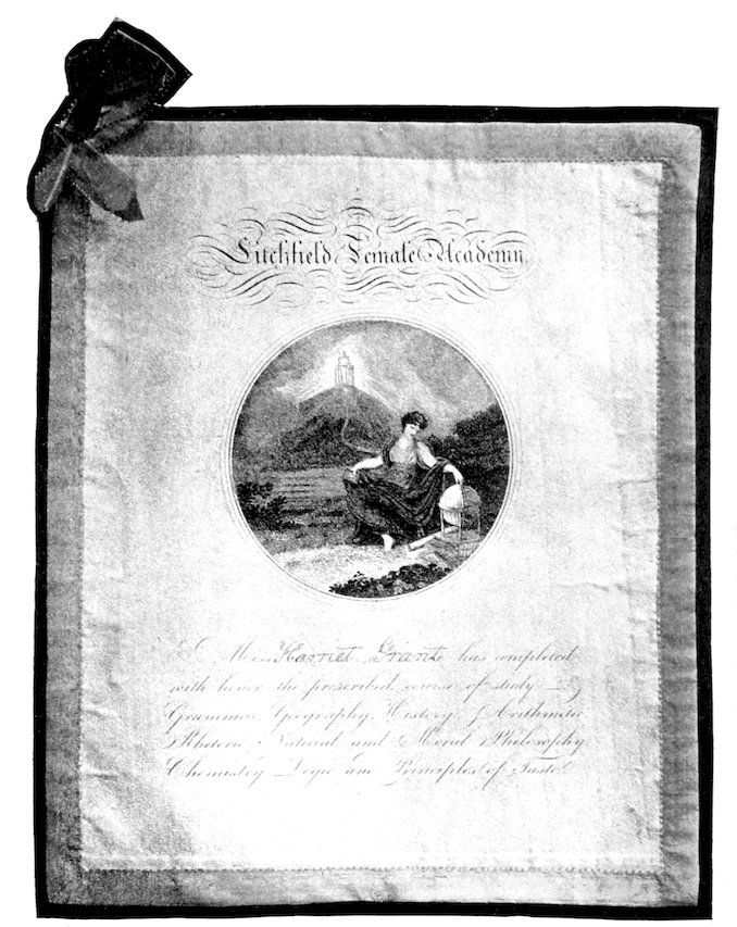 Decorative certificate headed 'Litchfield Female Academy,' with an ornamental border and a central circular vignette showing a young woman seated outdoors reading, with a hill and building in the background; faint handwritten text appears below.
