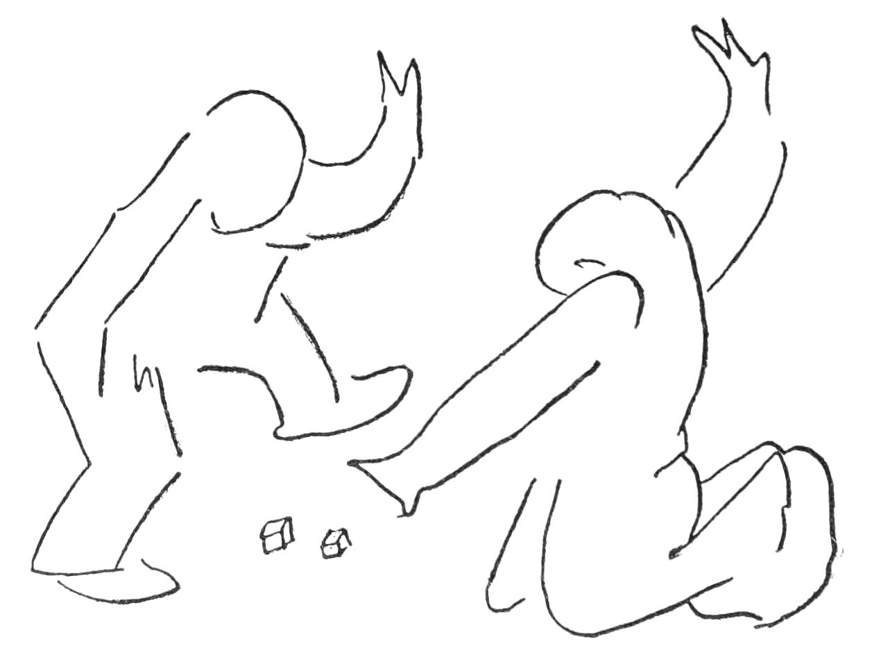 Sketch of two people playing craps.