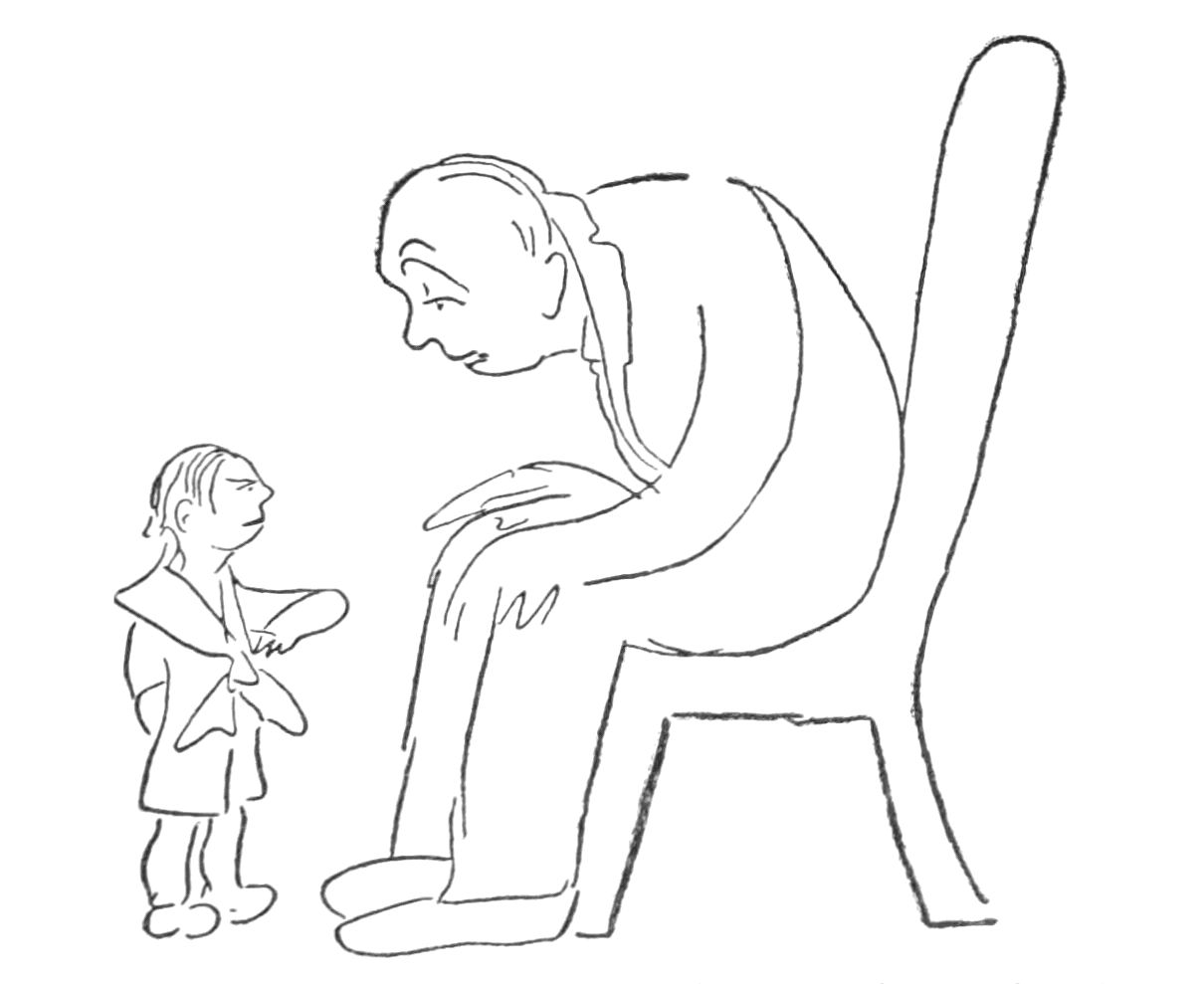 Sketch of an adult seated in a chair, leaned over towards a young person standing in front of them.