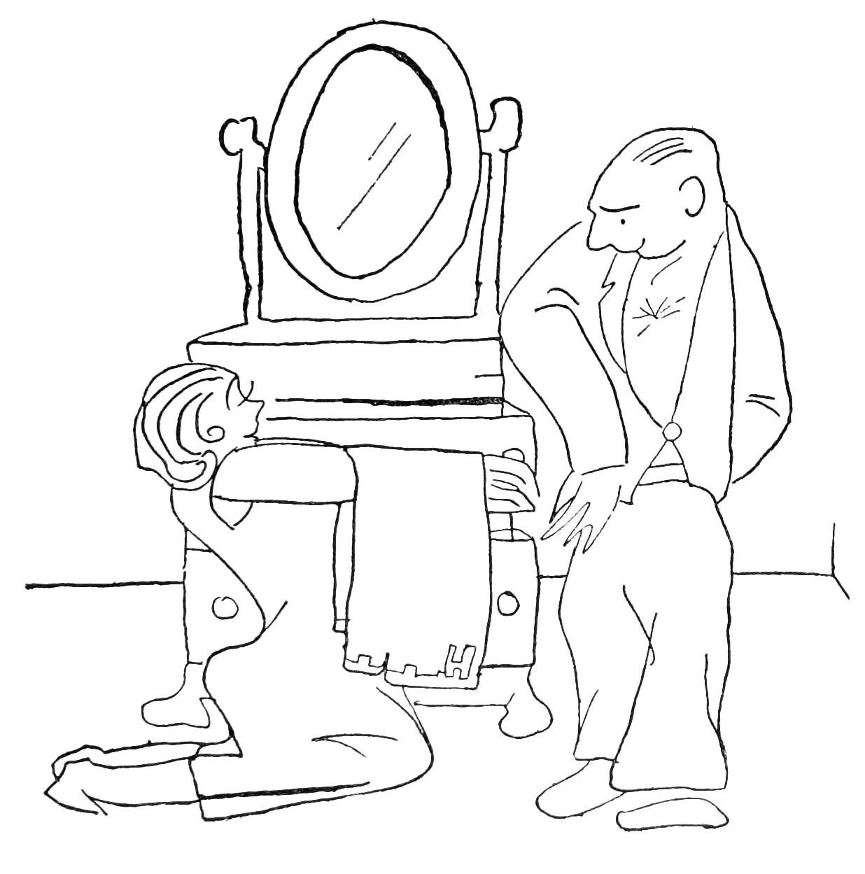 Sketch of man and woman in front of dresser. Woman is kneeling with a towel on her outstreched arm.