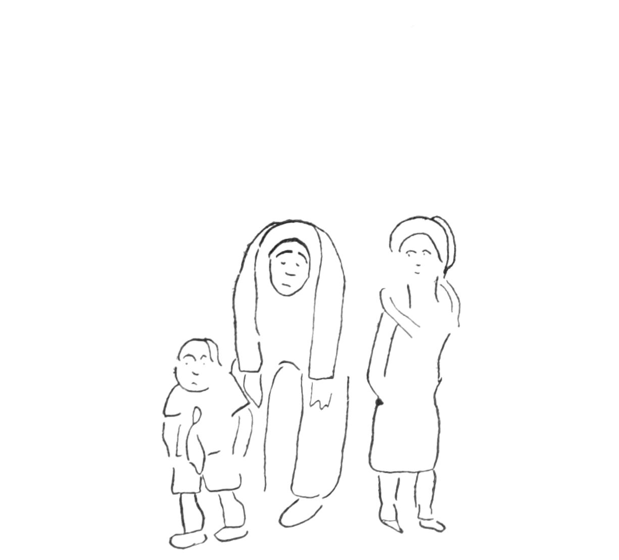 Sketch of child, man, and woman. Man has a downcast posture.