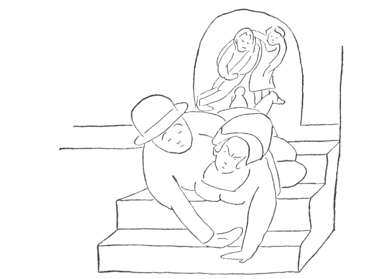 Sketch of two couples, on in doorway sagging against each other, the other fallen on the stairs.