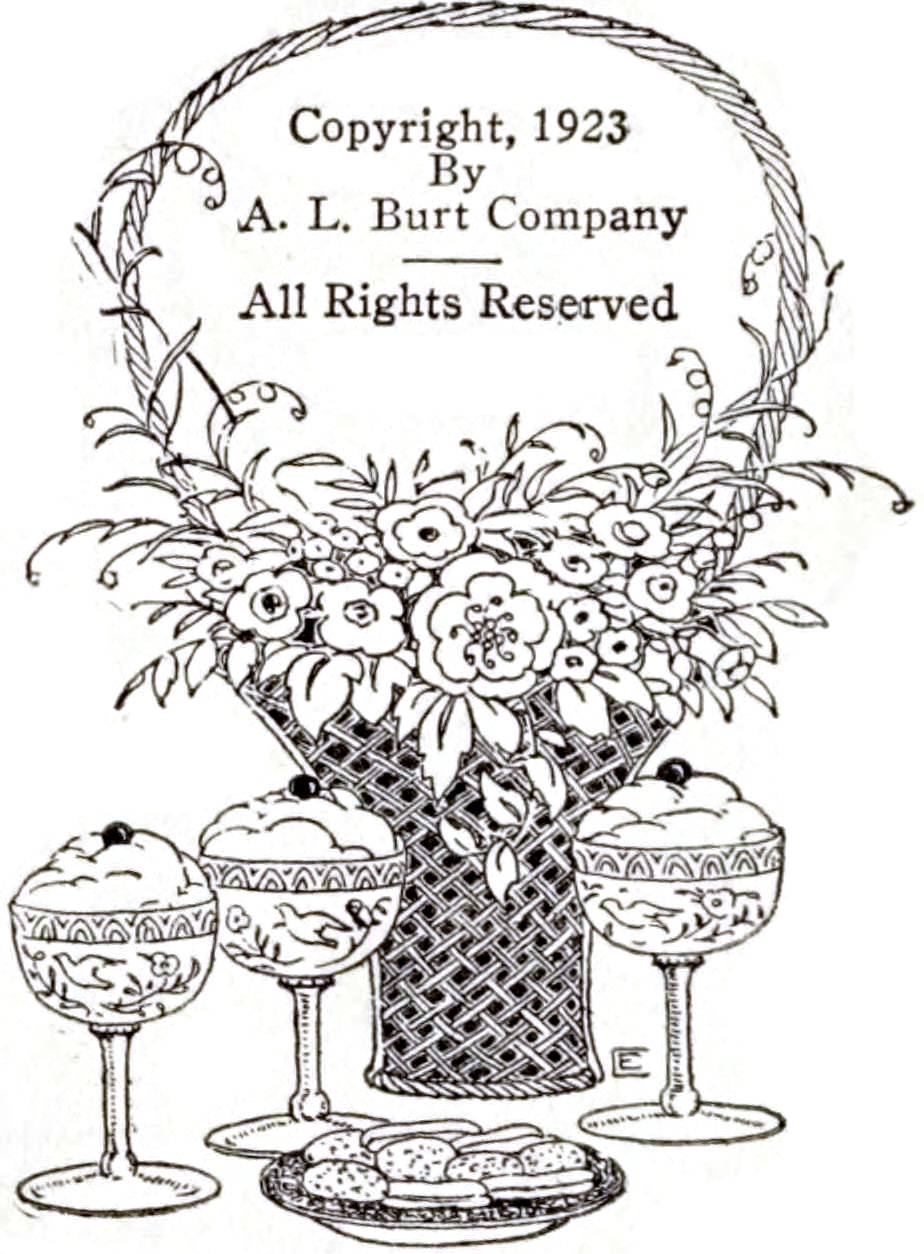 Black and white illustration of a flower basket with three desserts in front of it