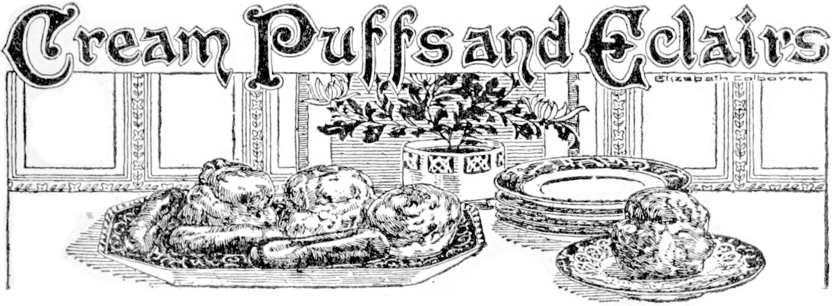 Black and white illustration of a table with cream puffs served on two plates