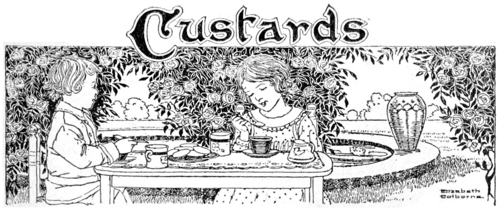 Black and white illustration of two children sitting at a table in a garden eating custards