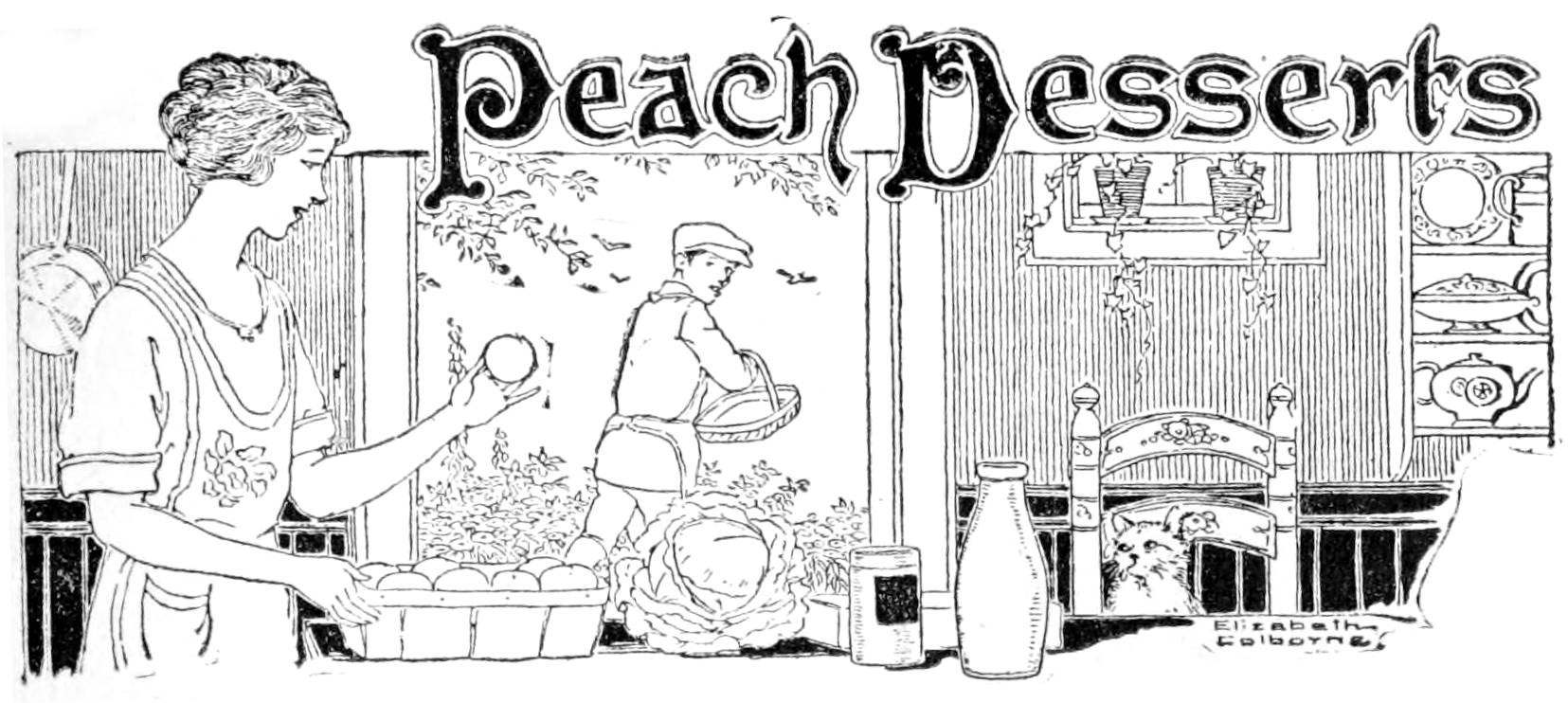 Illustration of peach custard in a bowl on a table
