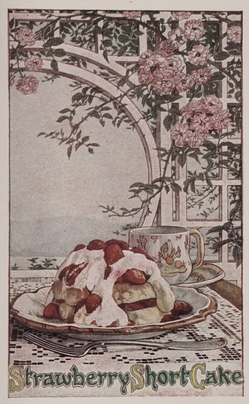 Illustration of a strawberry short cake served on a plate