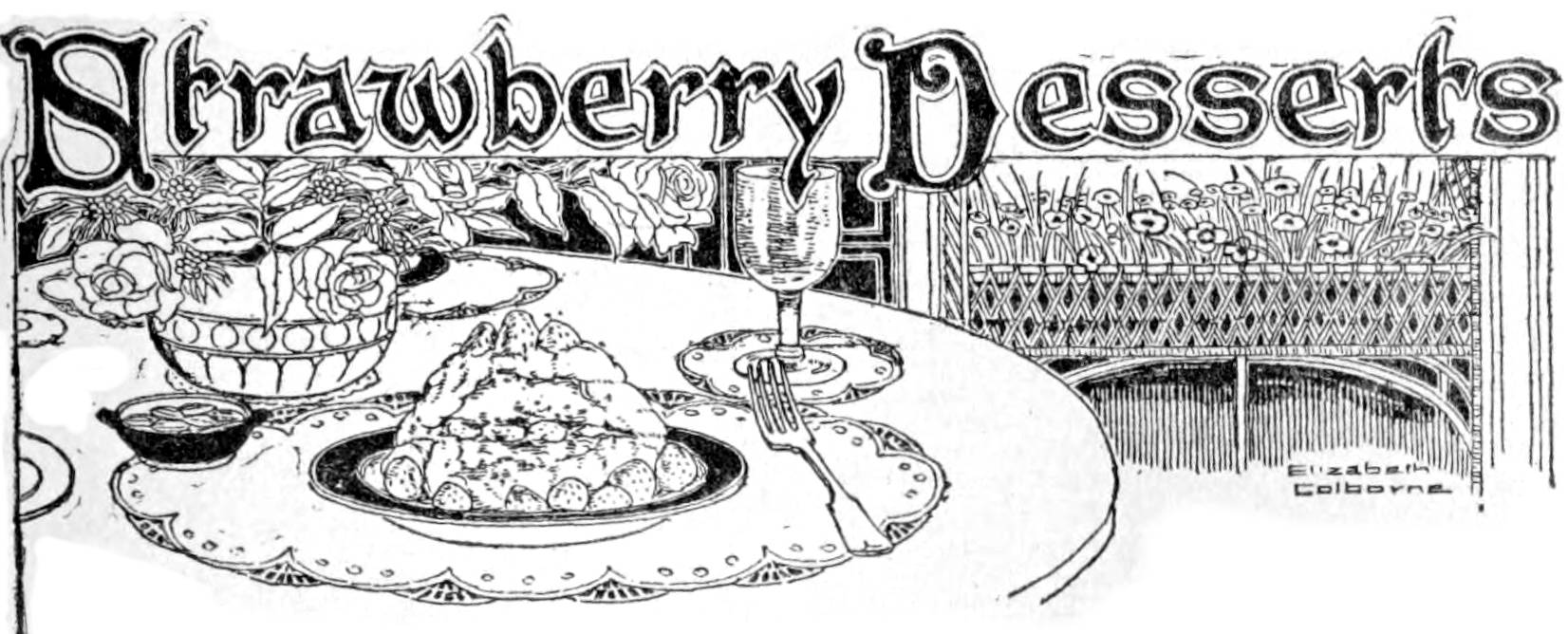 Black and white illustration of a strawberry dessert served on a plate