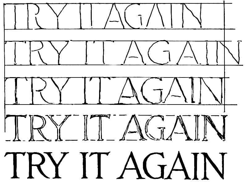 Five lines of lettering progressively more finished