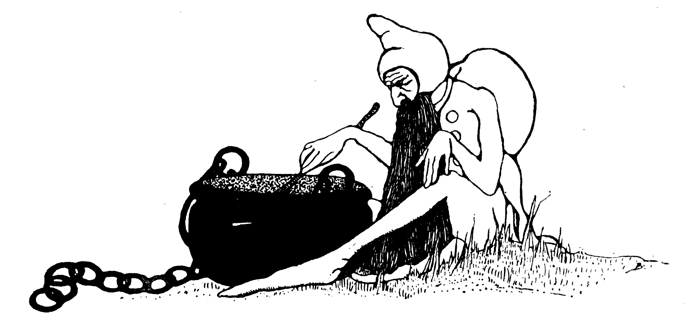 gnome-like person stirring the content of a cauldron