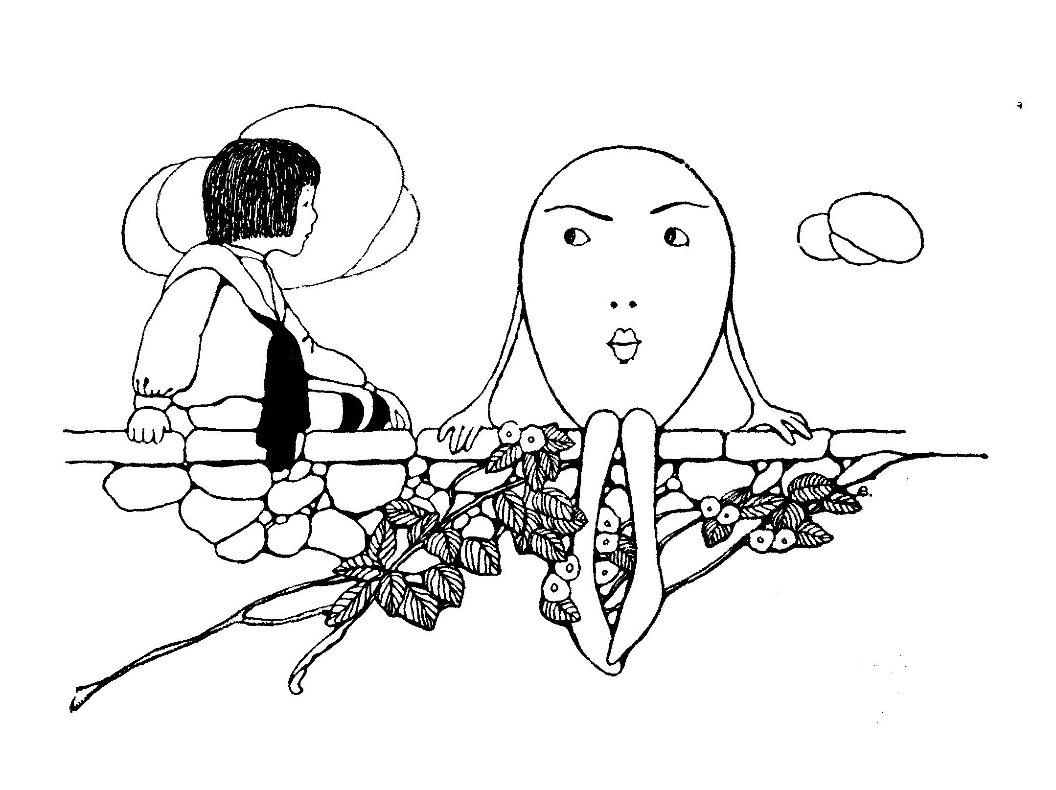child and egg with arms, legs and a face, sitting on a wall