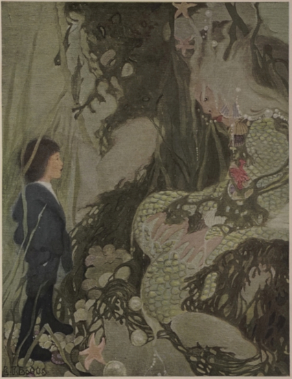child standing before a person covered in scales