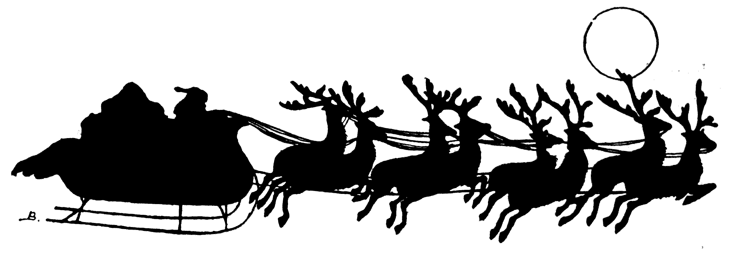 silhouette of Santa Claus in his sled, pulled by eight reindeer
