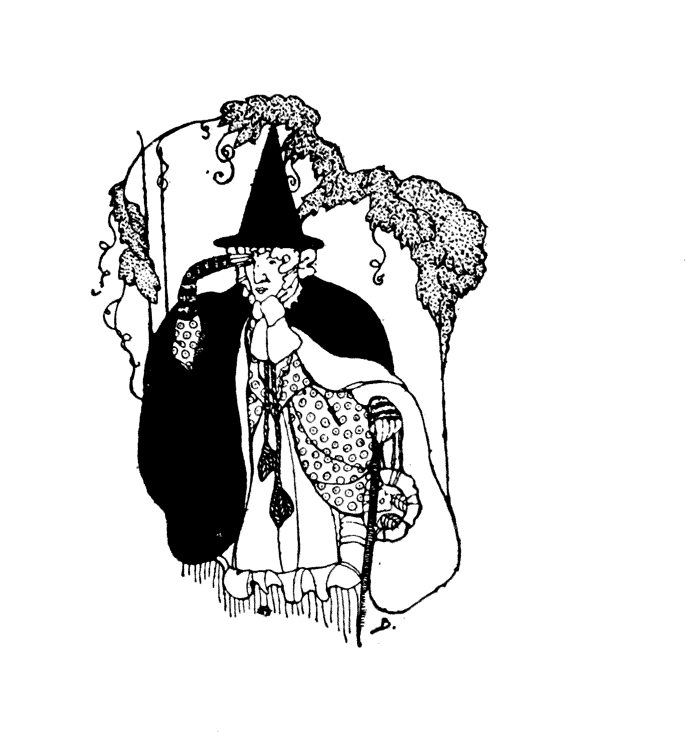 woman, wearing a cloak and a pointed hat