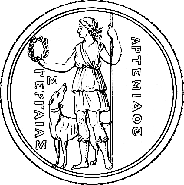 Diana Pergæa with greyhound, wreath, and spear: Silver coin of Perga in Pamphylia