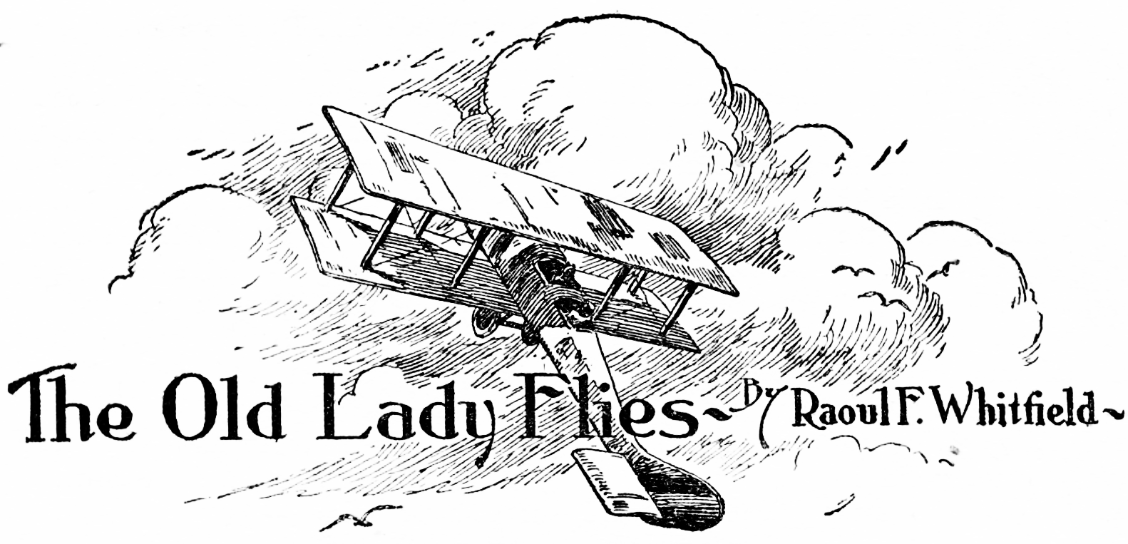 an old biplane flying in the clouds
