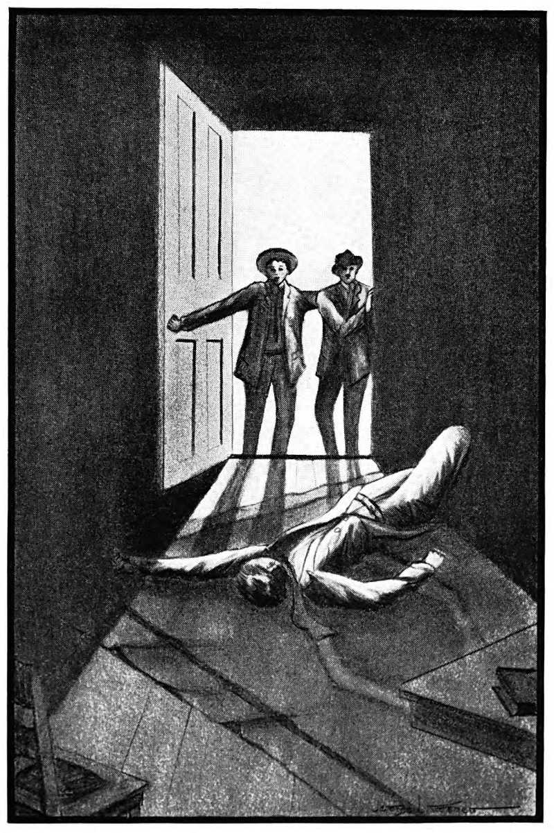 Picture of two men finding a prone man in a darkened room