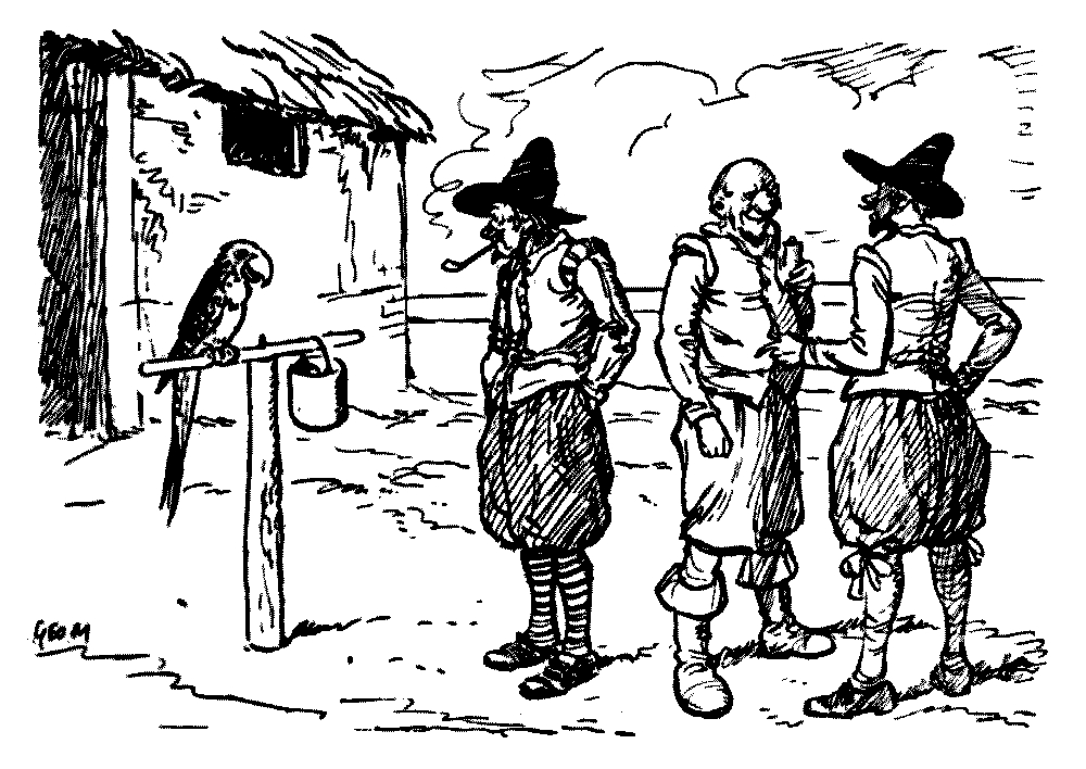 A drawing of three men, with two men conversing on the left side and the third looking at a parrot.