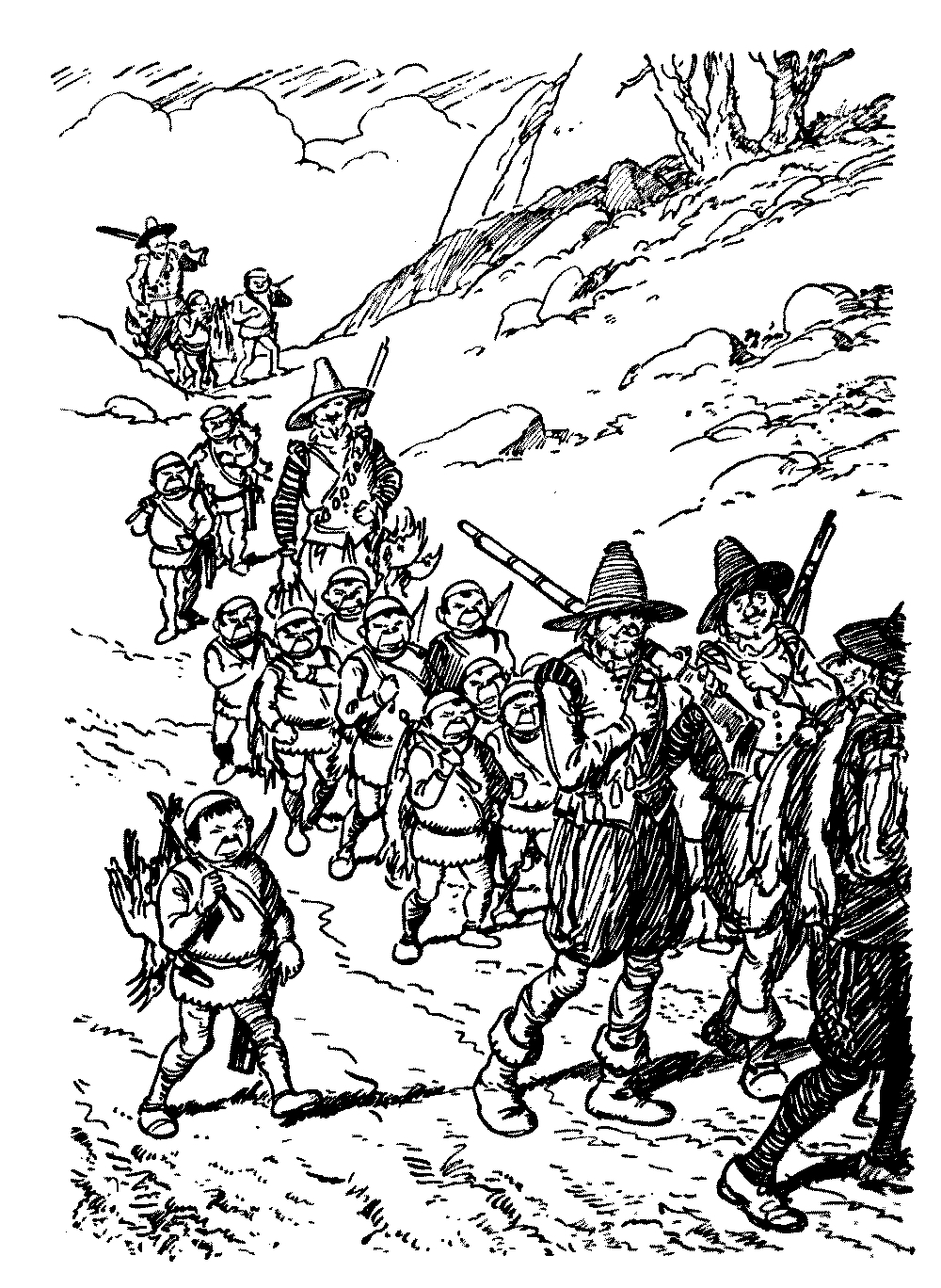 A drawing of several human beings and snergs walking down a valley.
