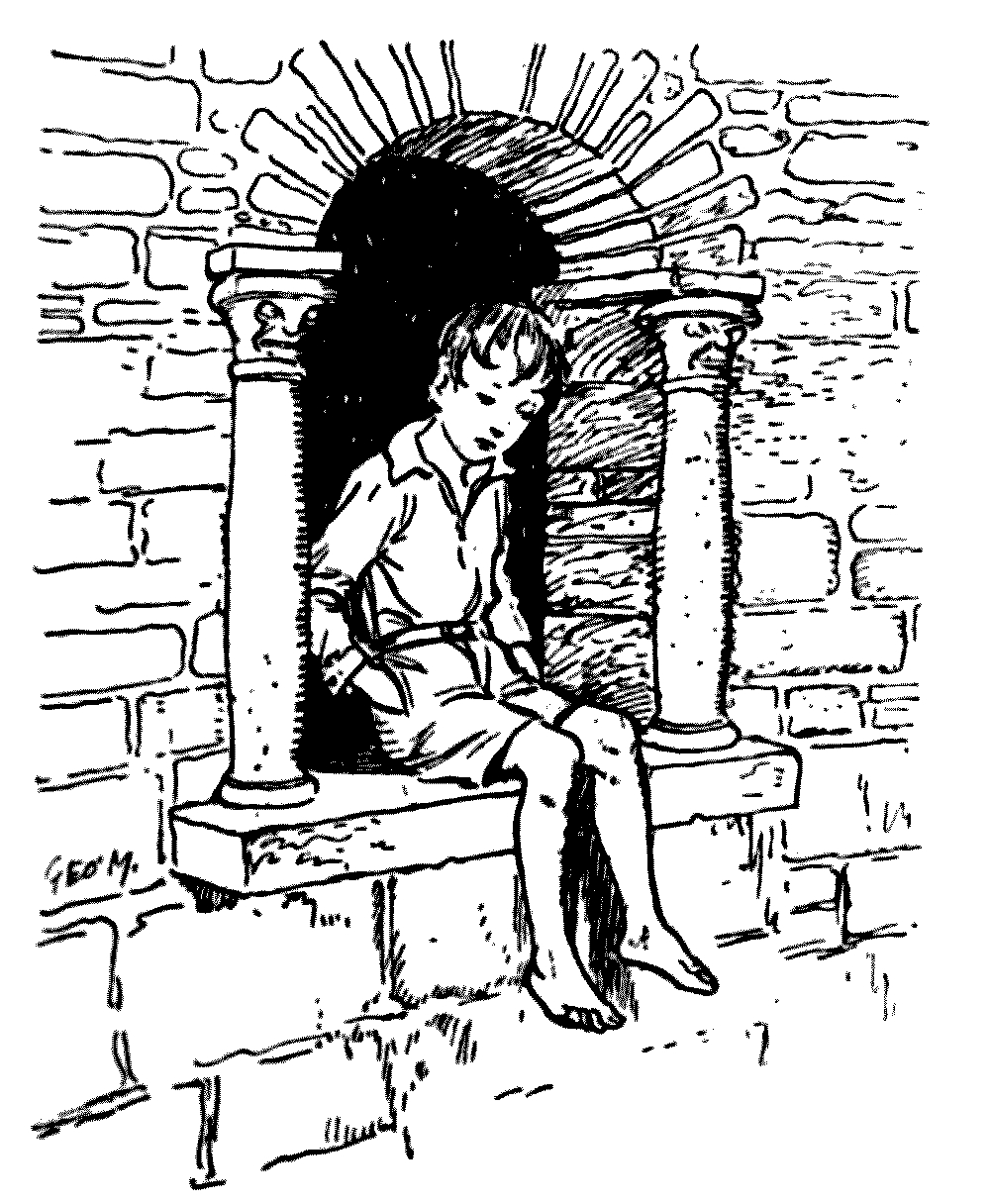 A drawing of a boy perched on a window pane looking whistfuly below.