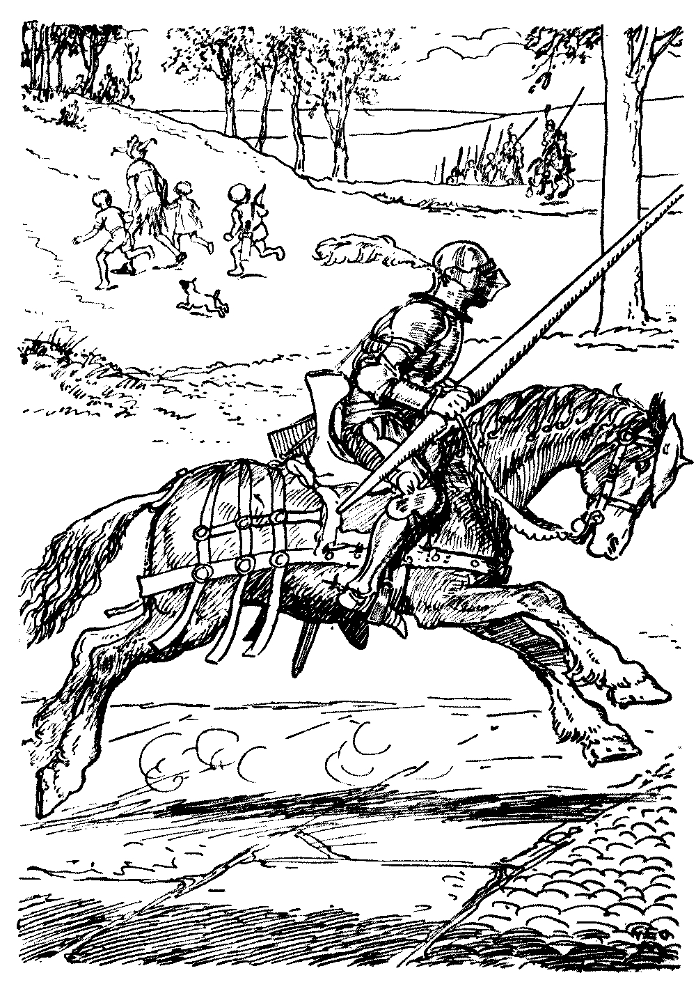 A drawing of a knight on horseback with a lance, charging to the left side of the picture.