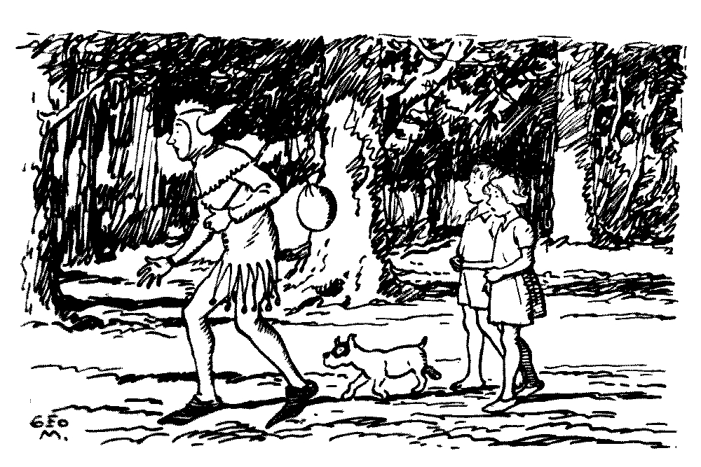 A drawing of a jester leading two children though a forest.
