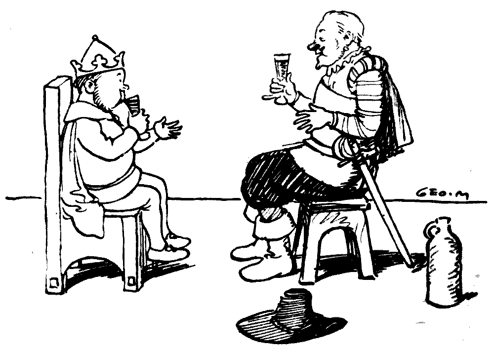 A drawing of two men sitting on chairs drinking from chalices.