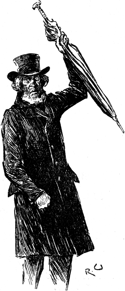 Brigham Young hebt   drohend seinen Regenschirm