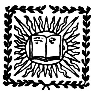Open book emblem with sunburst rays and floral border